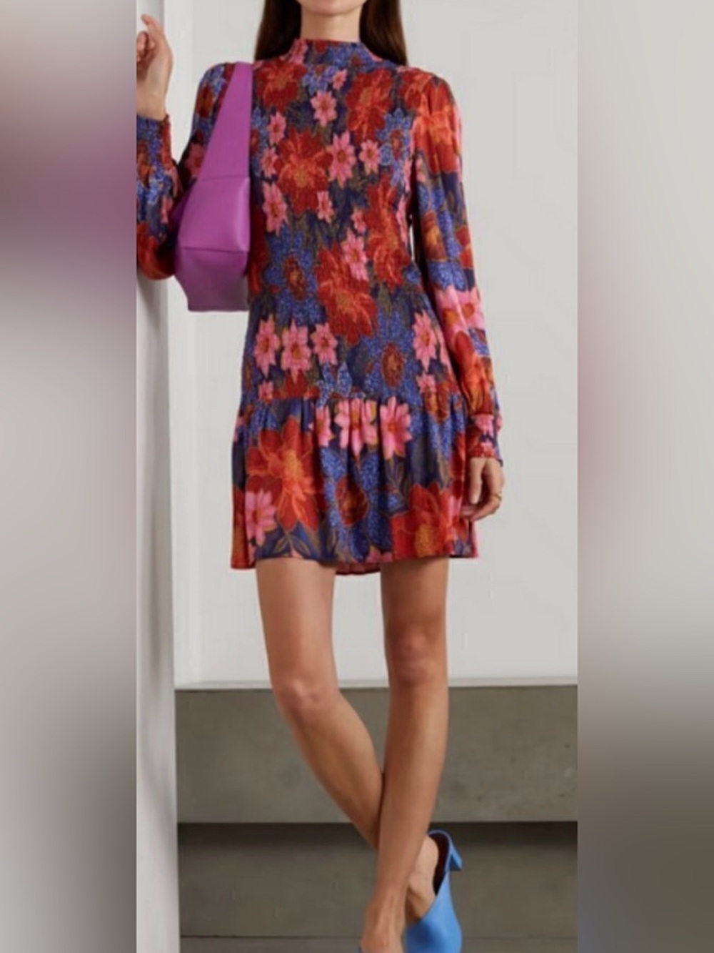 FARM Rio Garden Navy Smocked Blouson Sleeve Mini Dress.M